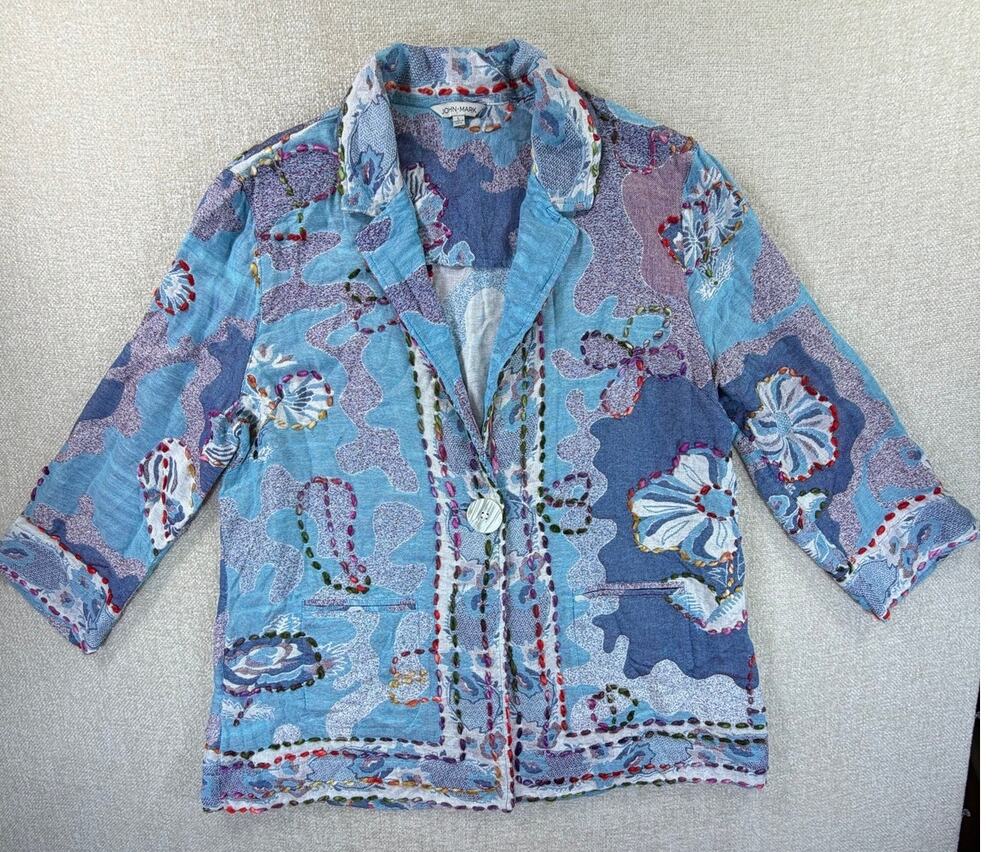 John Mark Women L Blue Floral Embroidered Boho Artsy Floral Blazer Jacket
